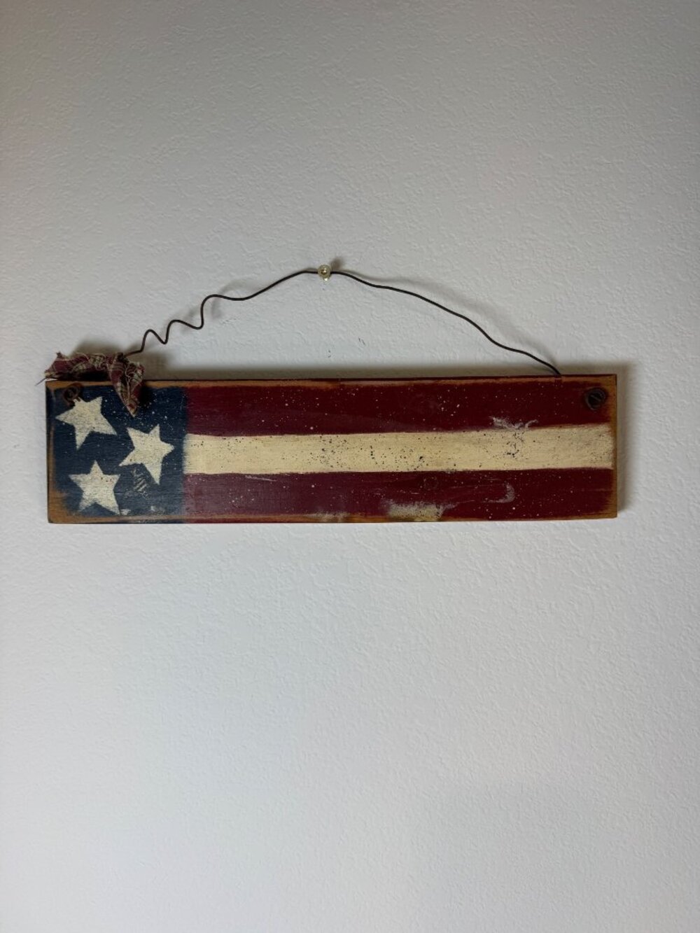 Rustic Handmade Wooden Patriotic Flag Wall Decor Wire Hanger Country Farmhouse